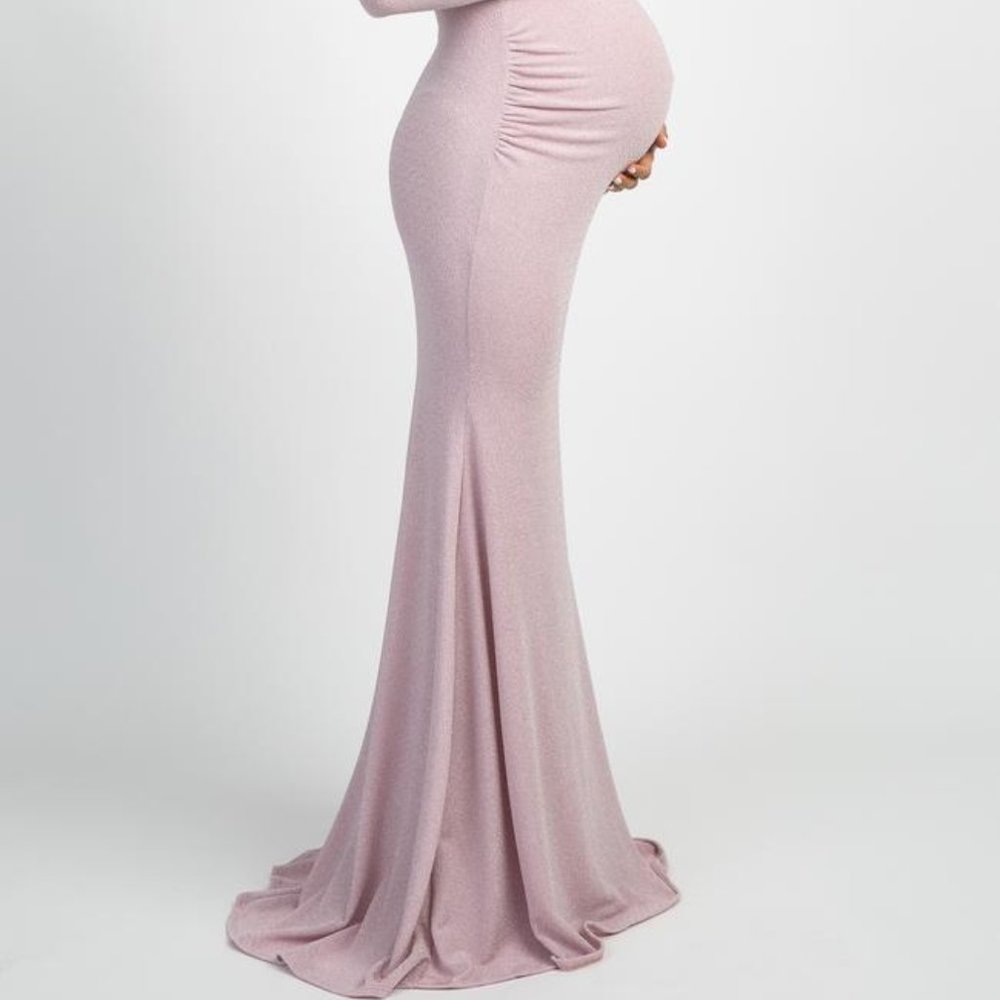 PinkBlush Pink Metallic Off Shoulder Long Sleeve Wrap Maternity Photoshoot Gown/